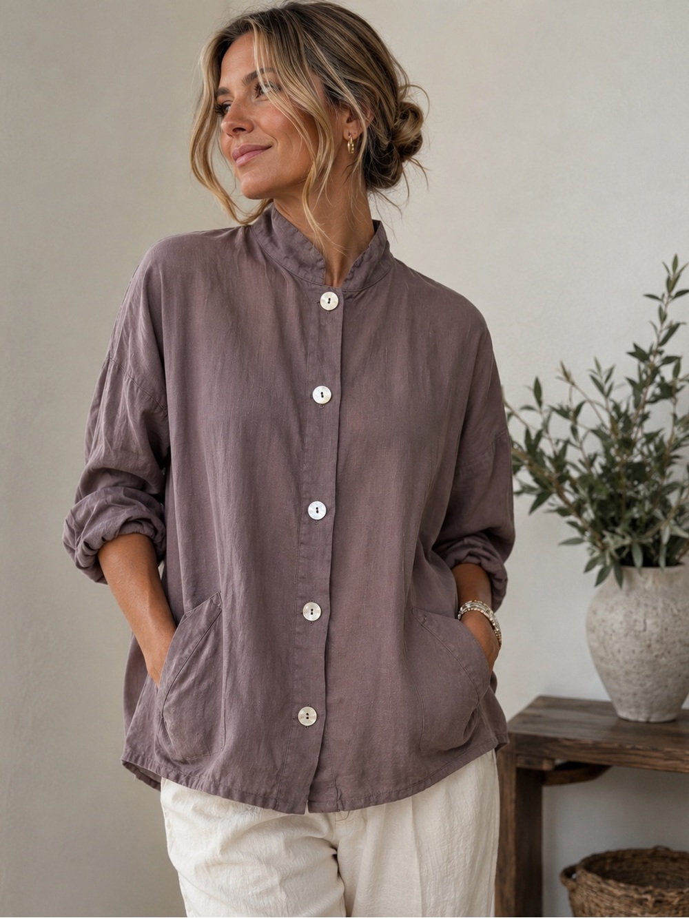 bryn Walker Relaxed Button-Front Utility Jacket in Dusty Mauve